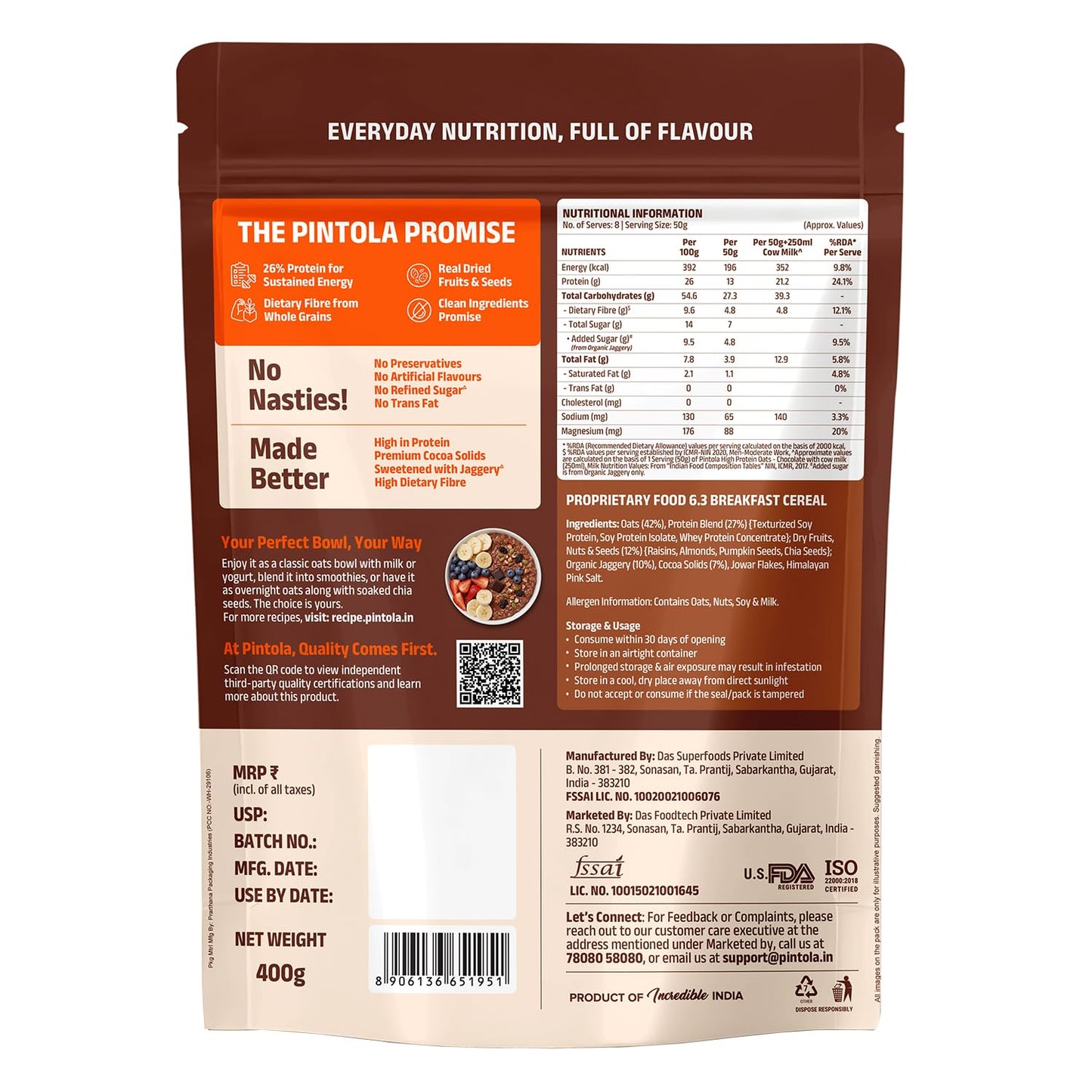 PINTOLA 26g High Protein Oats 400g, Dark Chocolate, No Refined Sugar, with Almonds, Raisins, Pumpkin & Chia Seeds, 9.6g Fibre, Rolled Oats for Weight Loss, Breakfast Cereals | Gluten Free