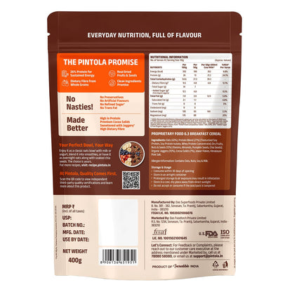 PINTOLA 26g High Protein Oats 400g, Dark Chocolate, No Refined Sugar, with Almonds, Raisins, Pumpkin & Chia Seeds, 9.6g Fibre, Rolled Oats for Weight Loss, Breakfast Cereals | Gluten Free