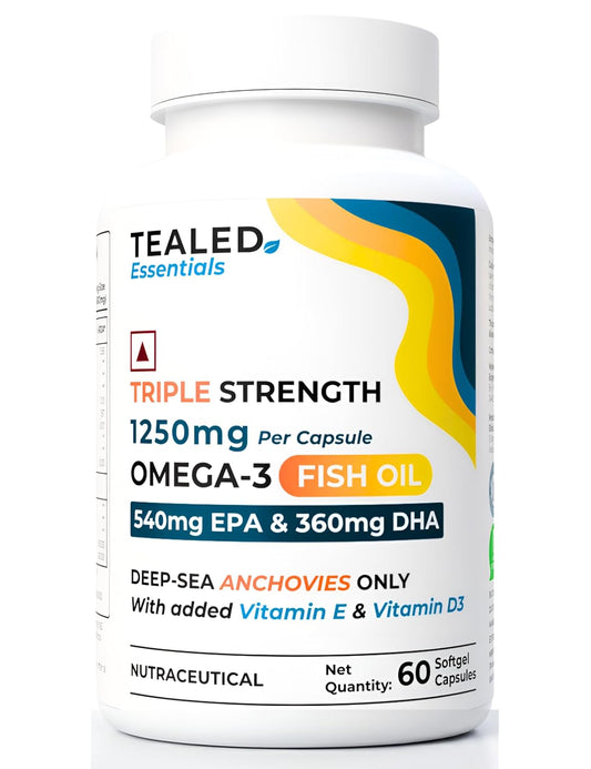 Tealed Omega 3 Fish Oil 1250mg | Triple Strength | 540mg EPA + 360mg DHA | Eurofins Lab Tested | With Vitamin D3 & E | Heart Brain Joint Support | No Fishy Burps | 60 Lemon Softgels for Men & Women