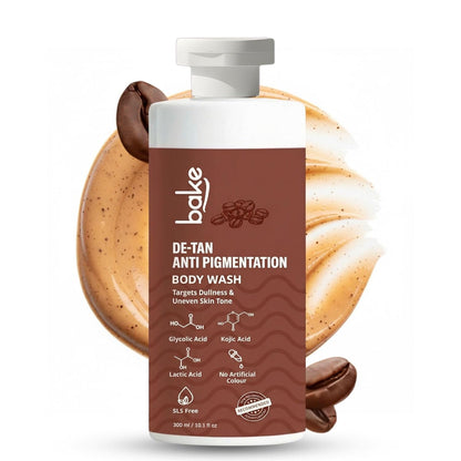 BAKE De-Tan Anti Pigmentation Coffee Body Wash with Kojic Acid, Glycolic Acid, Lactic Acid for Dark Spots, Pigmentation, Tanning & Tan Removal | For Men & Women | 300ml