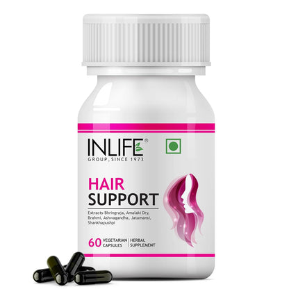 INLIFE Hair Support Supplement, Bhringraj, Brahmi, Ashwagandha and other Ayurvedic Herbs 500 mg - 60 Vegetarian Capsules (Pack of 1, 60)