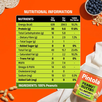 Pintola All Natural Peanut Butter Extra Crunchy |Unsweetened | 30g Protein | Gluten & Cholesterol Free, Vegan Peanut Butter, Nut Butter, High in Protein Spread, 100% Pure Roasted peanuts butter