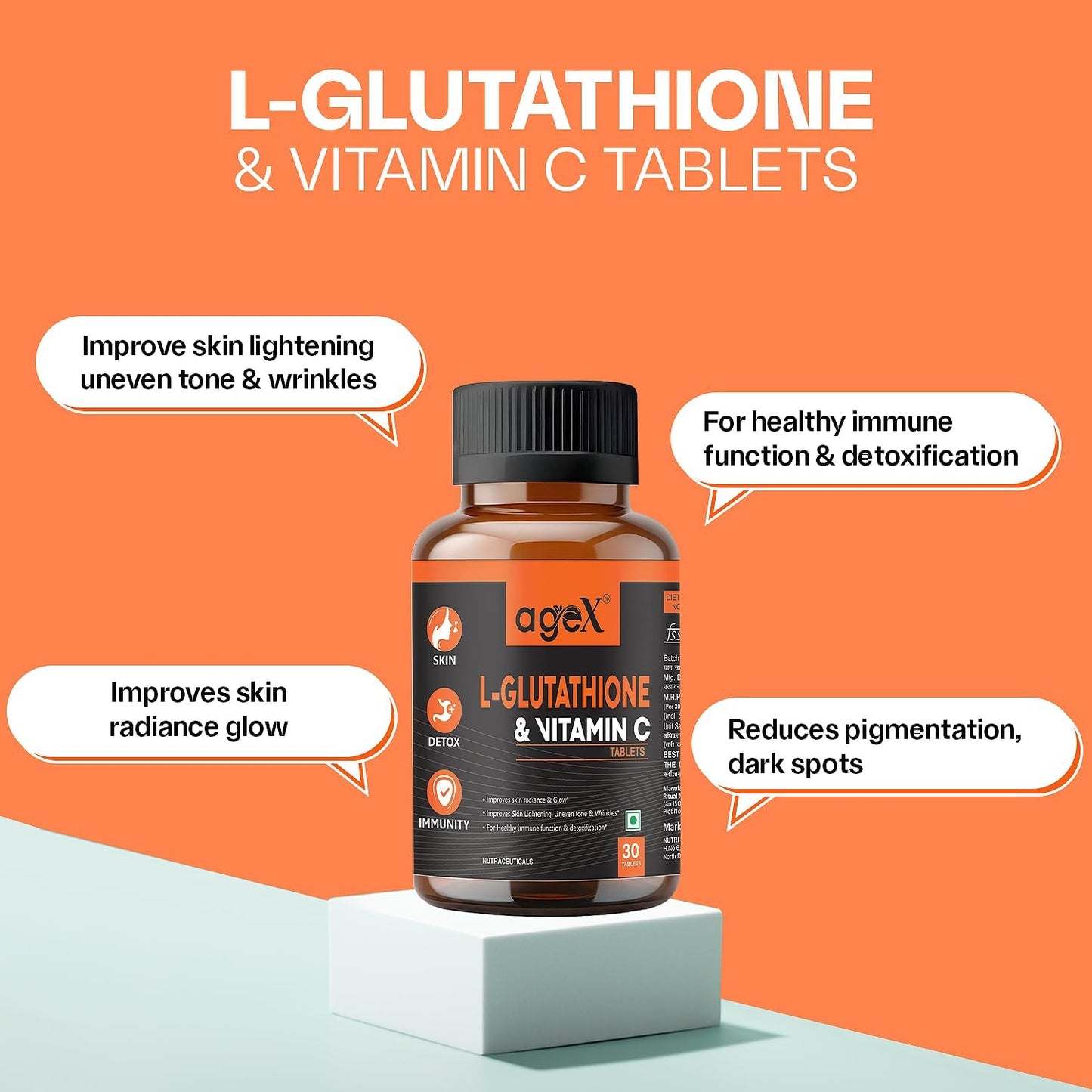 L-Glutathione 500mg + Vitamin C | Advanced Antioxidant & Skin Glow Tablets, Detox Support, Enhance Skin Brightness (500mg) | 30 Tablets (Pack of 1)