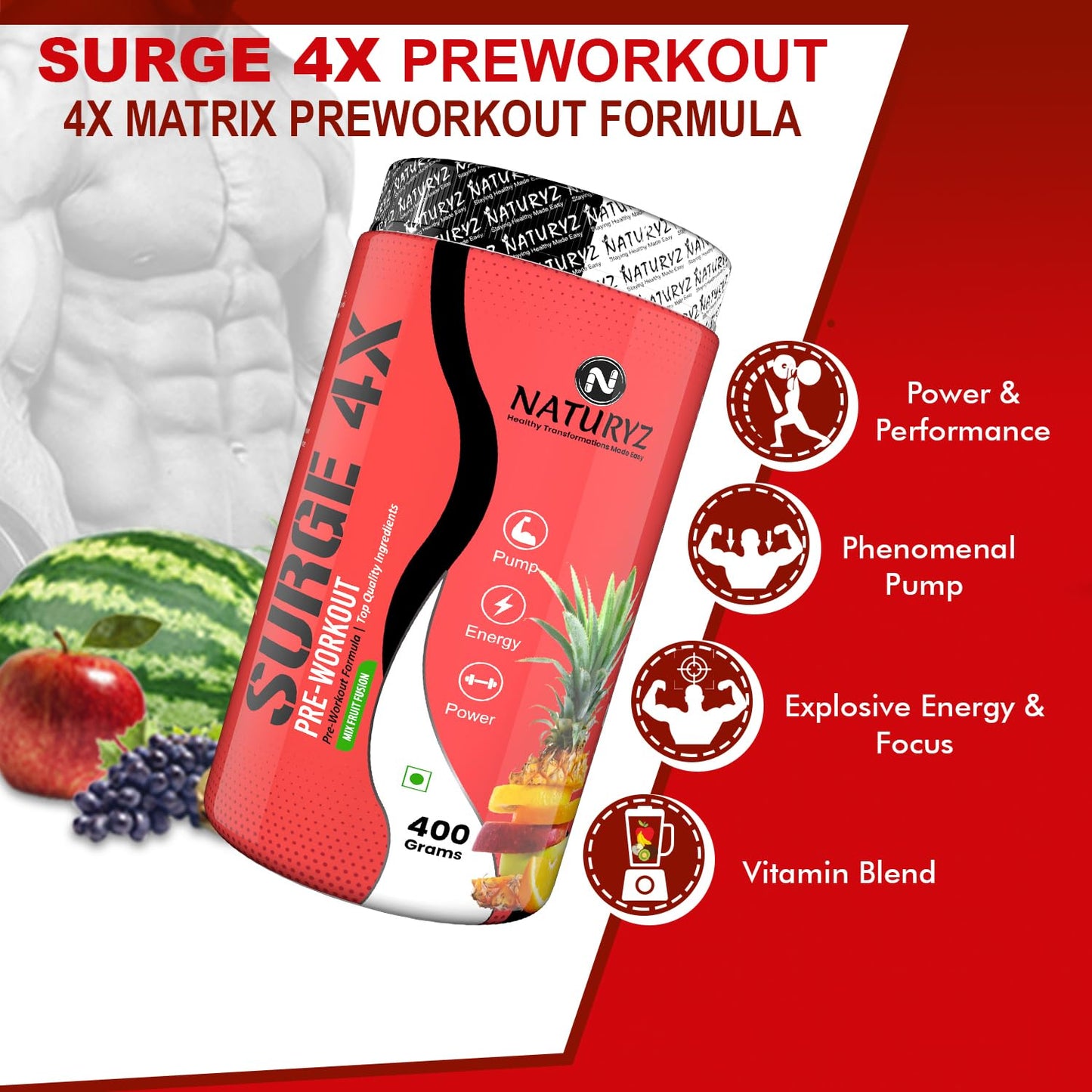 Naturyz Surge 4X preworkout supplement with ingredients and benefits on a red background