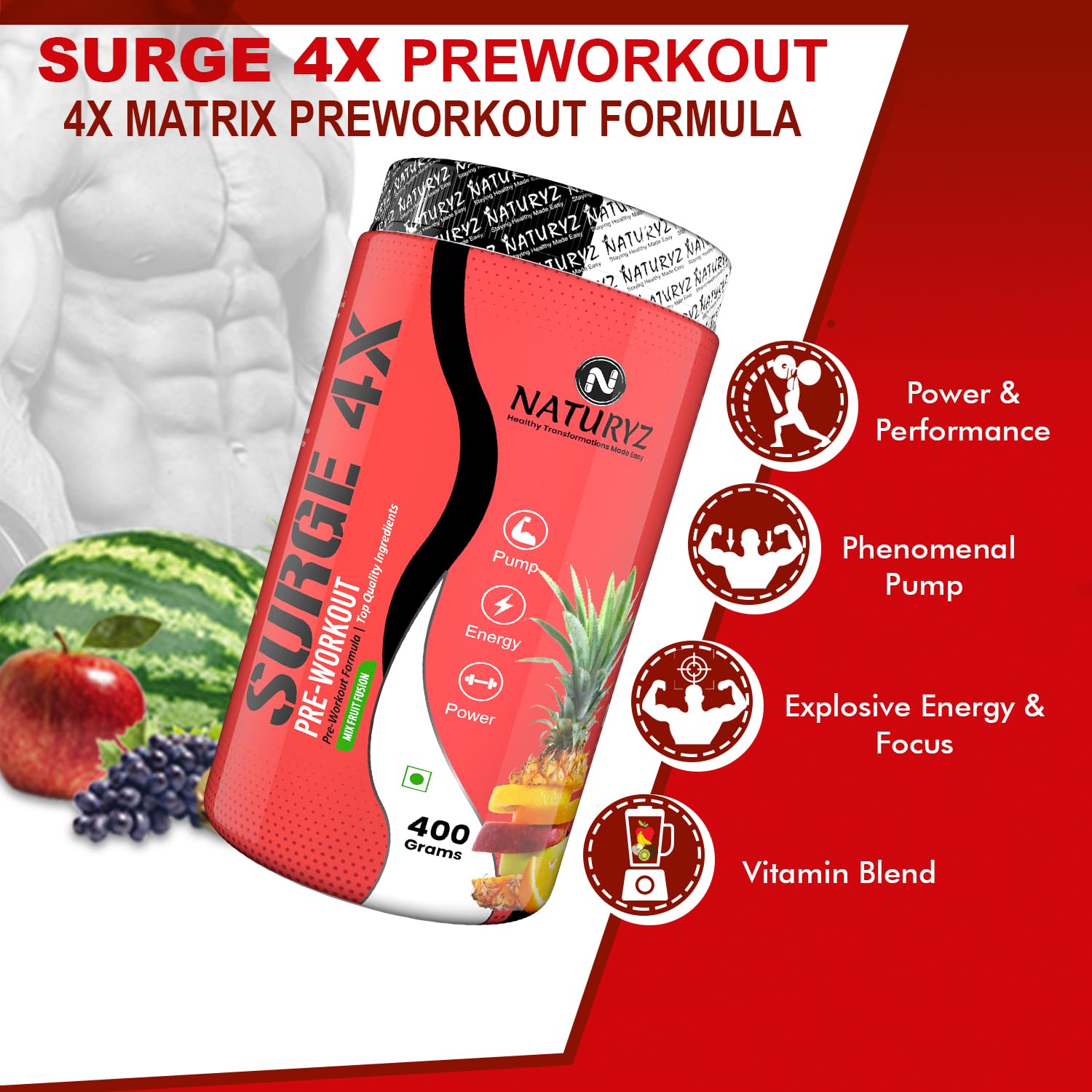 Naturyz Surge 4X preworkout supplement with ingredients and benefits on a red background