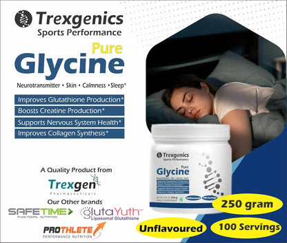 Trexgenics GLYCINE Pure Powder (100 Servings) Neurotransmitter, Skin, Calmness, Sleep, Relaxation Support (250 Gram)