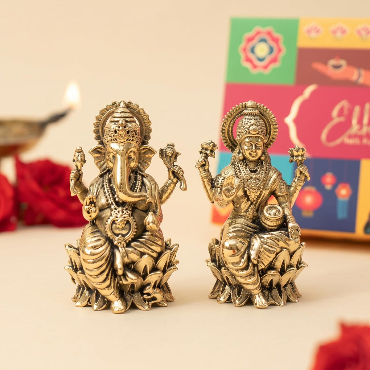 100% Pure Brass Lakshmi Ganesh Idol with Gift Box | Pital Murti for Pooja Room Decor Office Desk | Religious Housewarming Grah Pravesh Diwali Wedding Gift for Couple
