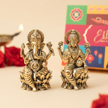 100% Pure Brass Lakshmi Ganesh Idol with Gift Box | Pital Murti for Pooja Room Decor Office Desk | Religious Housewarming Grah Pravesh Diwali Wedding Gift for Couple