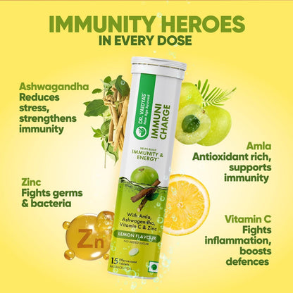 Dr. Vaidya's Immuni Charge Effervescent | No Added Sugar | Boosts Immunity With Vitamin C, Amla & Zinc | Lemon Flavour | (15 Tablets Each)