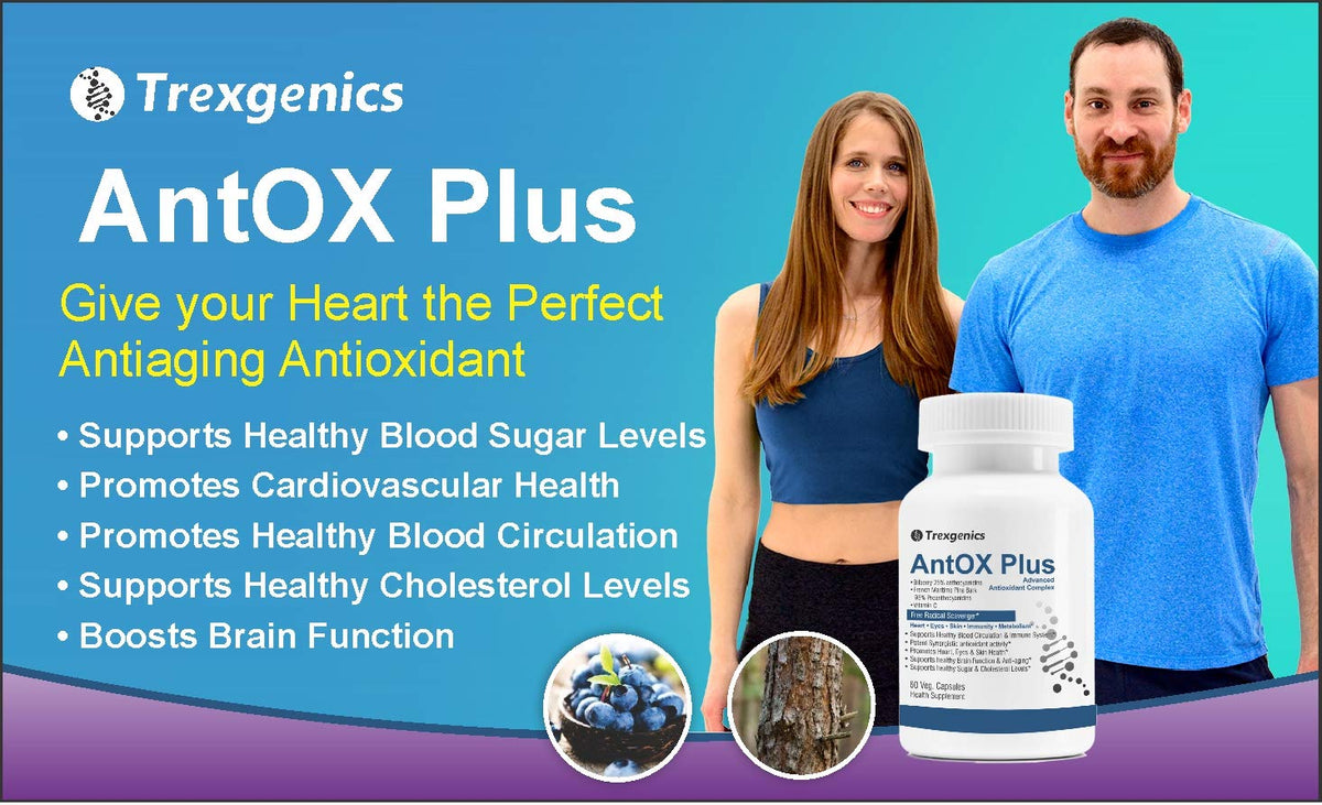 Advertisement for Trexgenics AntOX Plus with a man and woman standing next to the product on a blue and purple background.