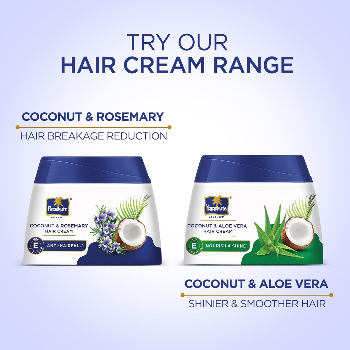 Two hair cream jars with coconut and rosemary, and coconut and aloe vera ingredients on a light blue background.