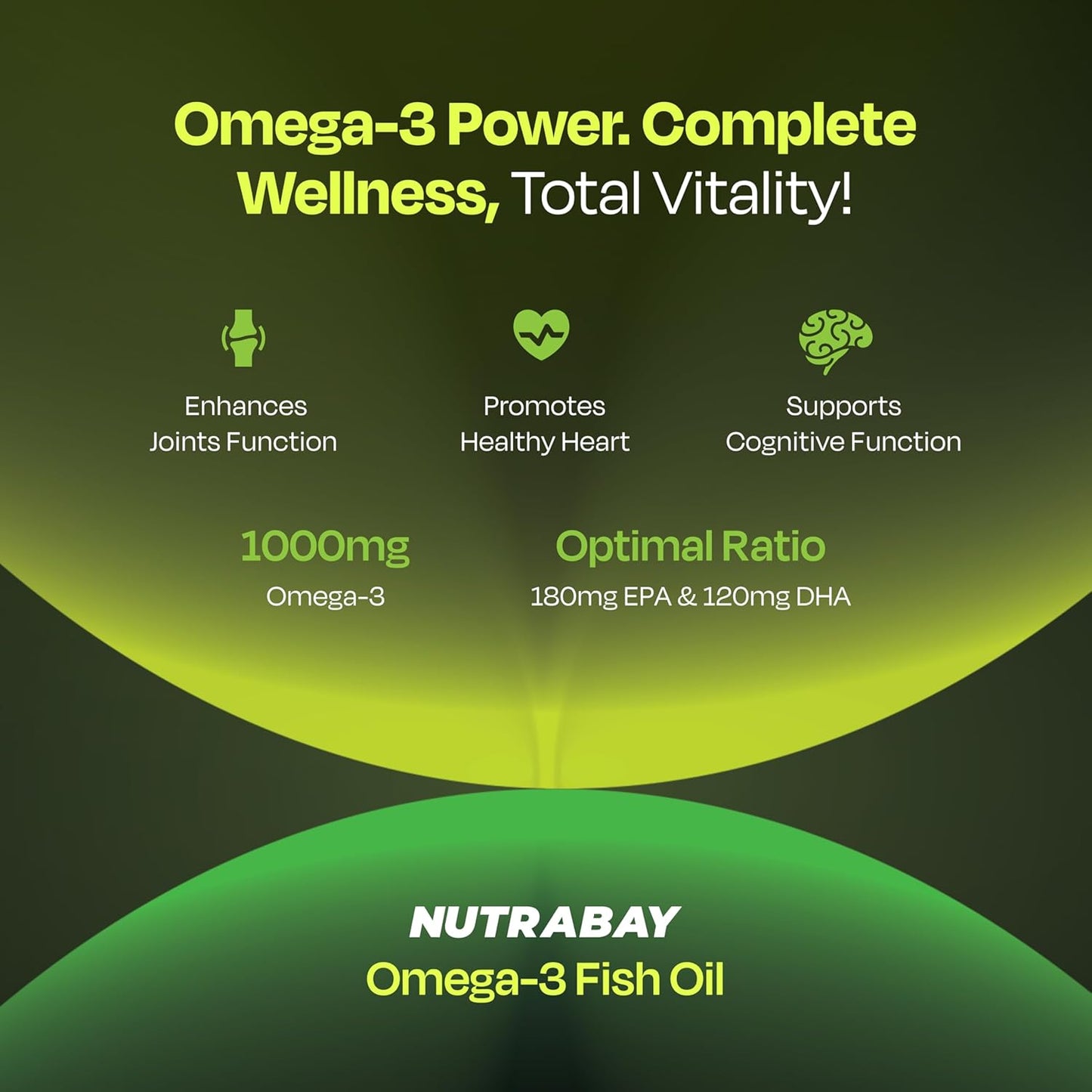 Advertisement for Nutrabay Omega-3 Fish Oil highlighting health benefits on a green and black background.