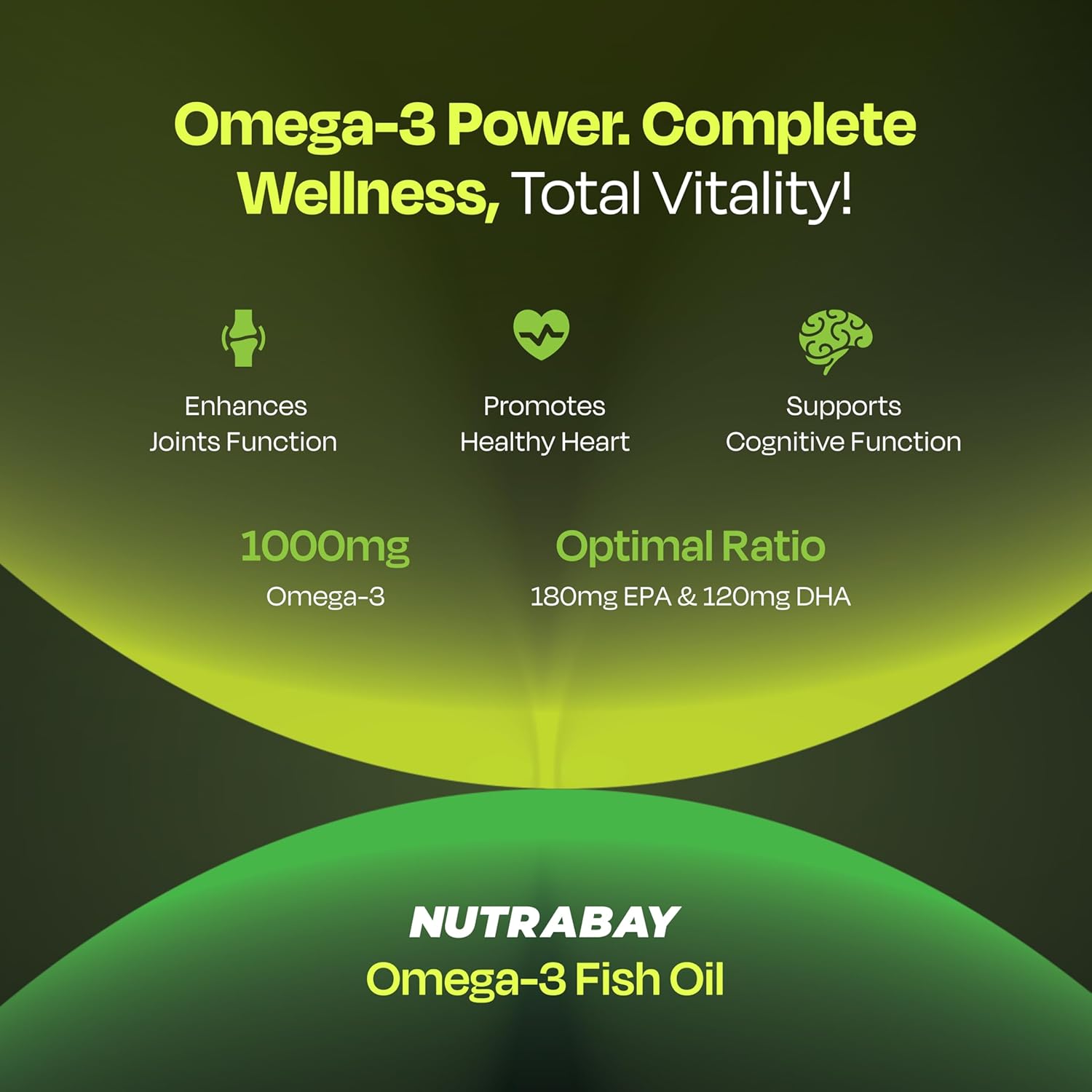 Advertisement for Nutrabay Omega-3 Fish Oil highlighting health benefits on a green and black background.