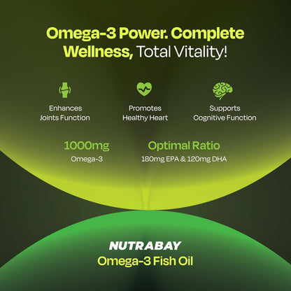Advertisement for Nutrabay Omega-3 Fish Oil highlighting health benefits on a green and black background.