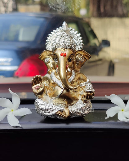 Gold Art India Resin Ganesha Idol Ganesh for Car Dashboard Statue Ganpati Vinayaka Vinayagar Figurine Diwali Gifts Home Decor Luck, Success for Small Murti Puja Lord Gift Office Desk Room 3.5 Inches