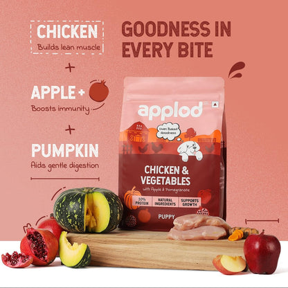 Applod Chicken & Vegetables with Apple & Pomegranate Puppy Dry Dog Food | 30% High-Protein Oven-Baked Nutrition for Growth & Development | Made with Real Ingredients | Vet-Reviewed Formula | 150g