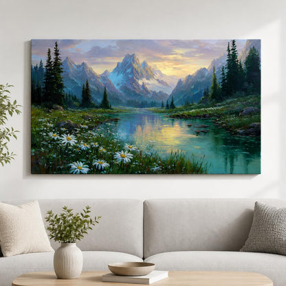 Mountain Landscape Canvas Wall Art Big Size | Nature Painting for Living Room Bedroom | Scenic Lake Premium Home Decor Wall Decoration (40 X 24 INCH, Unframed - LARGE)