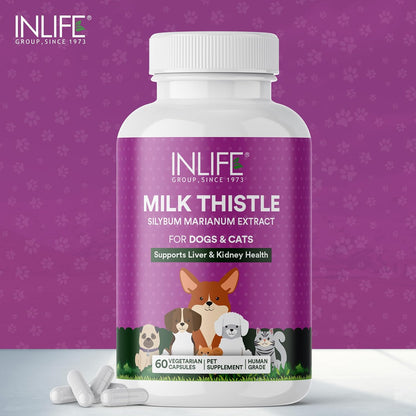 INLIFE Milk Thistle Capsules for Dogs & Cats | Liver Detox Supplement & Kidney Health, 400mg - 60 Vegetarian Capsules