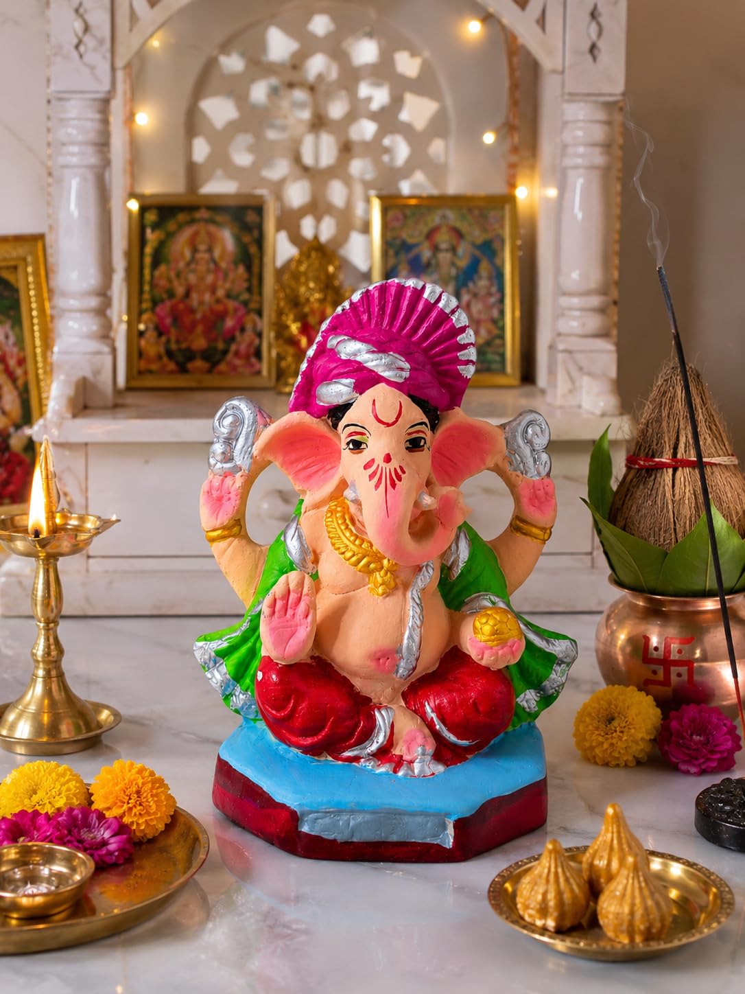 DORAYA EARTH CREATION Clay Ganpati Murti Handmade Eco-Friendly Multicolour Ganesh Idol for Home Temple, Ghar Pooja, Ganesh Chaturthi Decoration, Office Desk & Festive Gift | 6.5 Inch (Green)