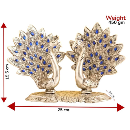 Double Peacock Metal Statue, Lovers Peacock Couple, Animal Showpiece Figurines, Feng Shui as Table Top Figurine for Living Room, Office, Bedroom, Decorative (Silver)