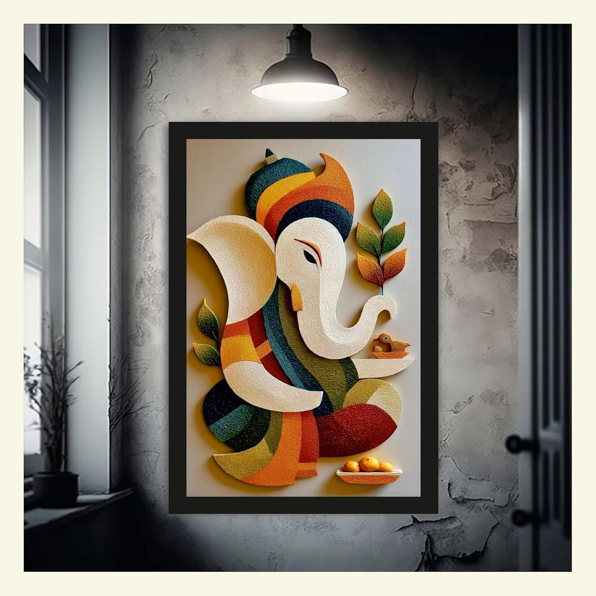 3D Lord Ganesha Wall Frame | Premium Sparkle Laminated Ganpati Wall Painting with Black MDF Frame | Waterproof & Dust Resistant Wall Decor for Living Room, Bedroom, Office, Temple & Home Decor
