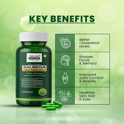 The Old Natural Salmega Veg Omega 3 Algal Oil Capsules – 1600mg Marine Algae Omega (450mg EPA & 150mg DHA) | Plant Based Omega 3 Supplement | Vegetarian DHA for Heart, Brain, Joint & Immunity Support | 60 Veg Capsules