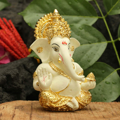 Ganesha for Car Dashboard Ganesh Statue Murti Gold Plated Terracotta Lord Ganpati Diwali Gifts Home Decor Figurine (Size: 3.5 x 2 inches)