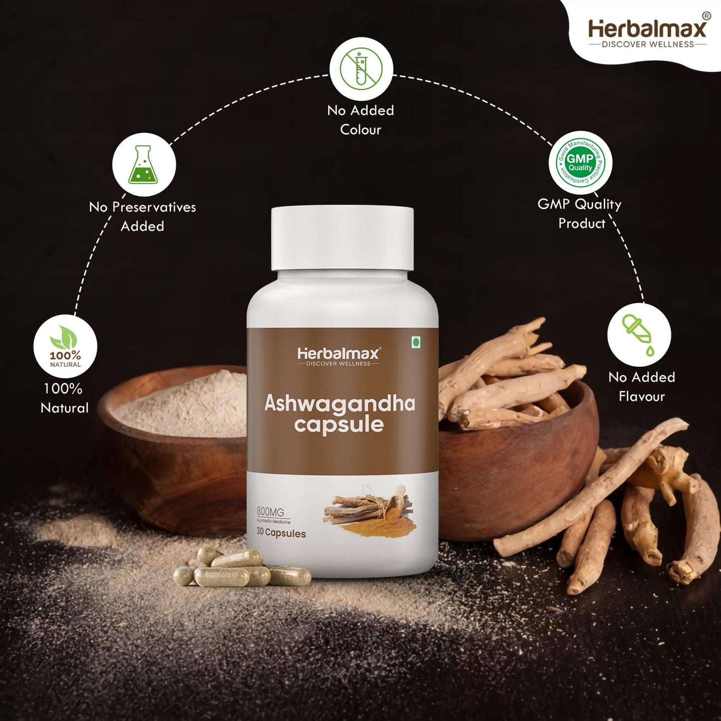 Herbal Max Ashwagandha General Wellness Capsules – 30 Veg Capsules 800mg | Ayurvedic Supplement for Stress Relief, Performance, Immunity & Energy