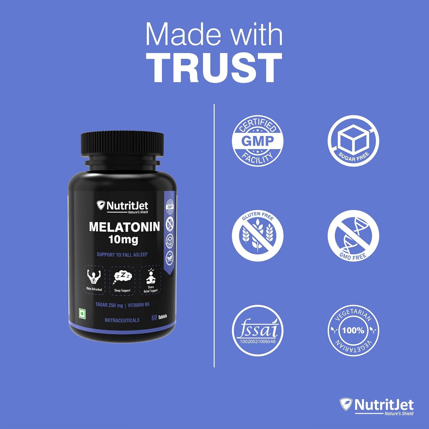 NutritJet Melatonin 10mg Sleeping Aid Pills, Sleep Supplement For Stress Free Sleep & Calm Relax - 60 Vegetarian Tablets