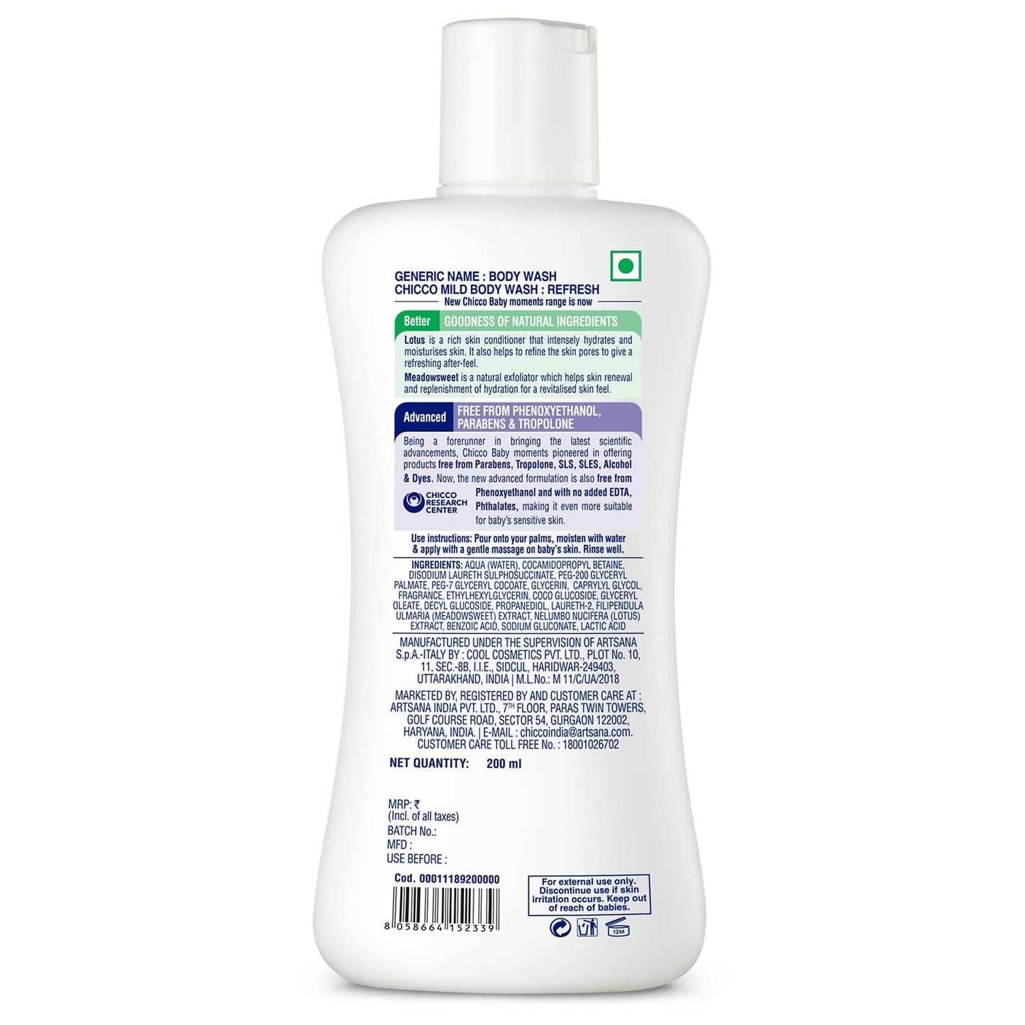 Chicco Baby Moments Mild Body Wash Refresh, New Advanced Formula with Natural Ingredients, No Tears & Soap-Free, Mild formula for Baby’s Body wash, No Phenoxyethanol and Parabens (200ml)