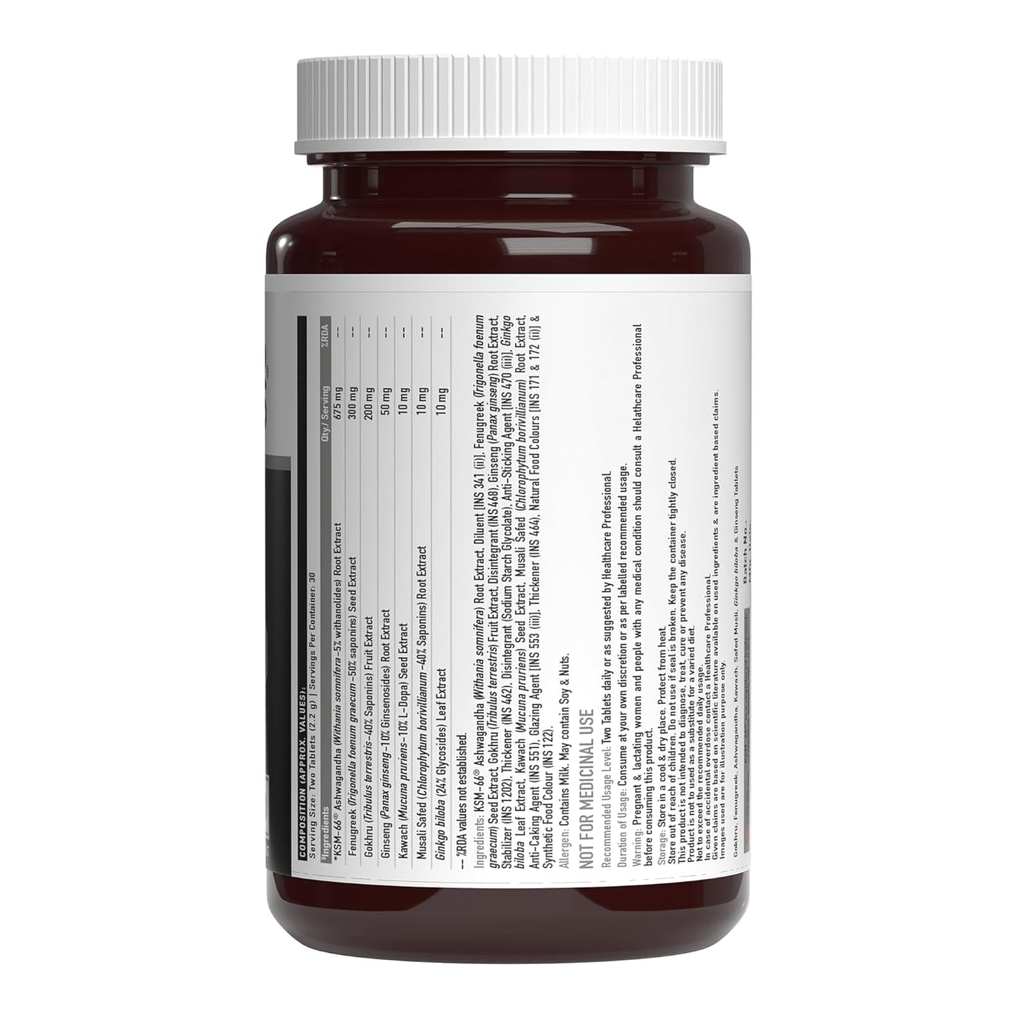 Brown supplement bottle with white label on a white background