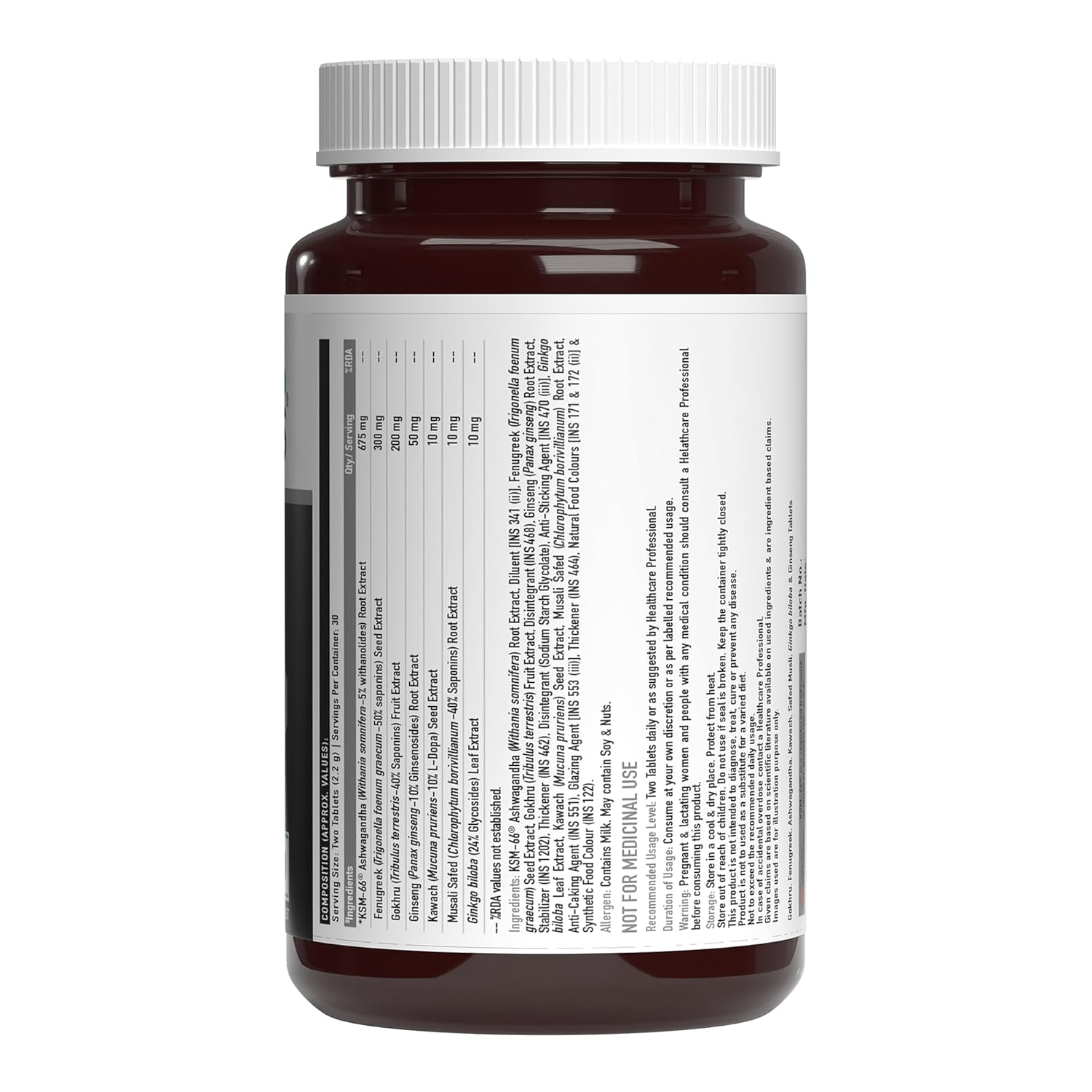 Brown supplement bottle with white label on a white background