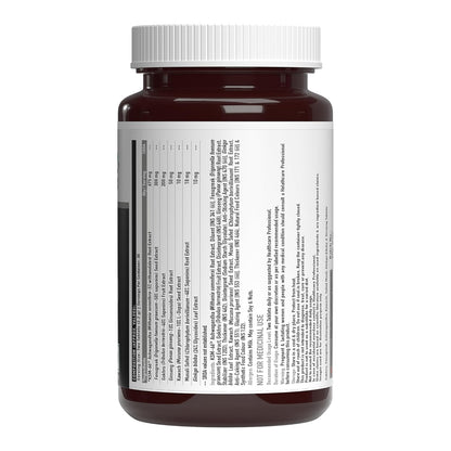 Brown supplement bottle with white label on a white background