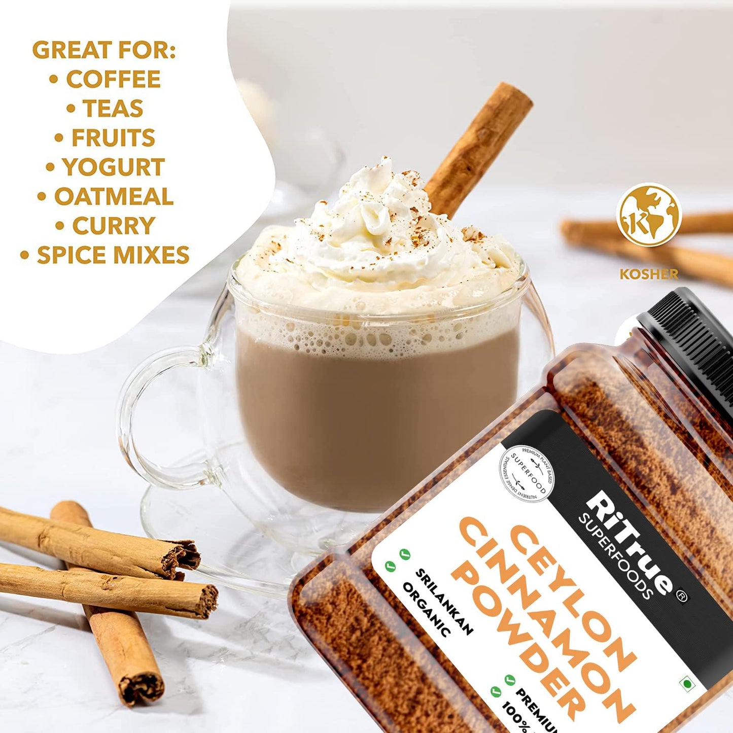 Cinnamon powder packaging with a cup of coffee and cinnamon sticks on a white background