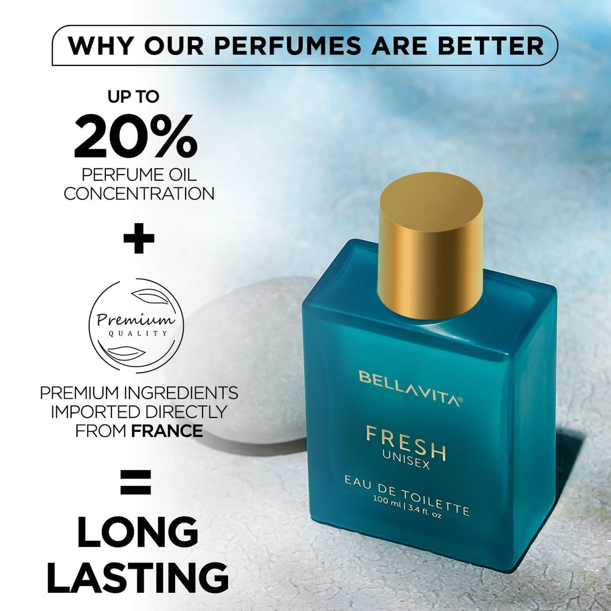Blue Bellavita perfume bottle with gold cap on a textured surface, featuring text about product benefits.