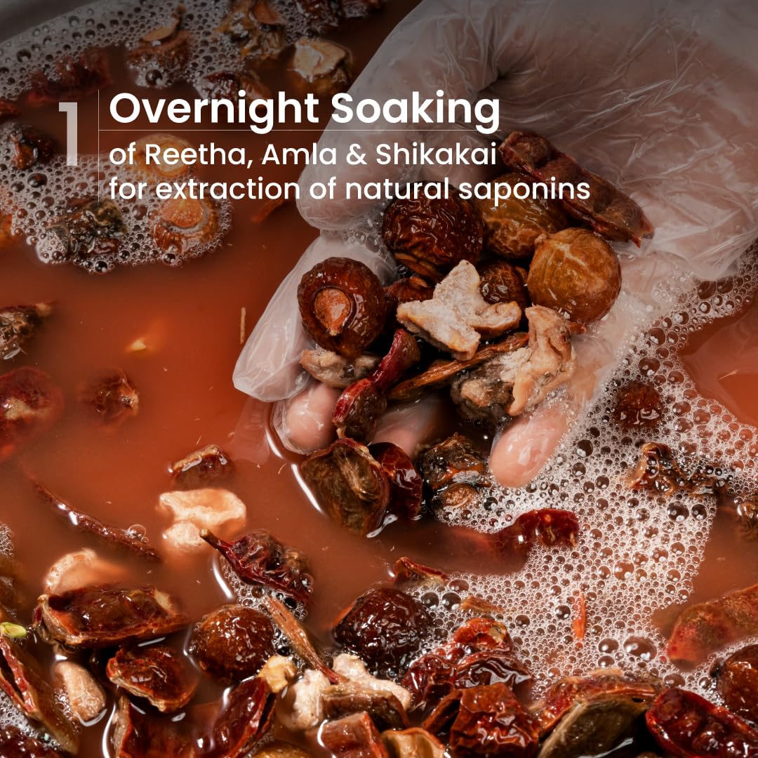 Dried herbs being soaked in a liquid with text about overnight soaking for saponin extraction.