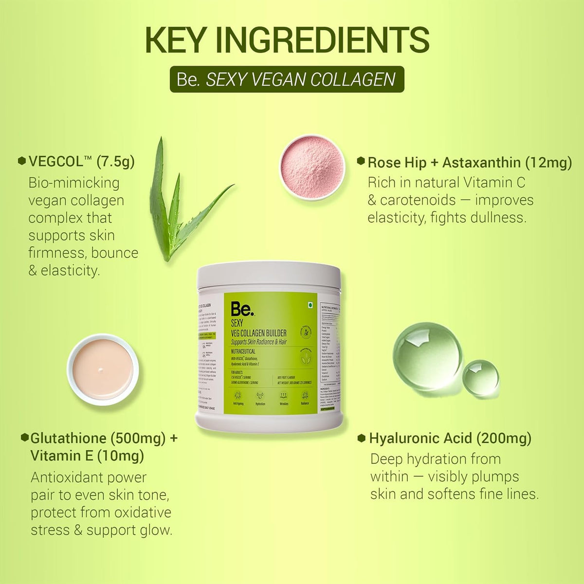 Be. Veg Collagen Powder for Women & Men | Plant-Based Supplement with VegCol, Glutathione, Hyaluronic Acid & Vitamin E | Vegan Builder for Skin Glow, Hydration, Hair & Nail Health | Mix-Fruit Flavour | 300 g