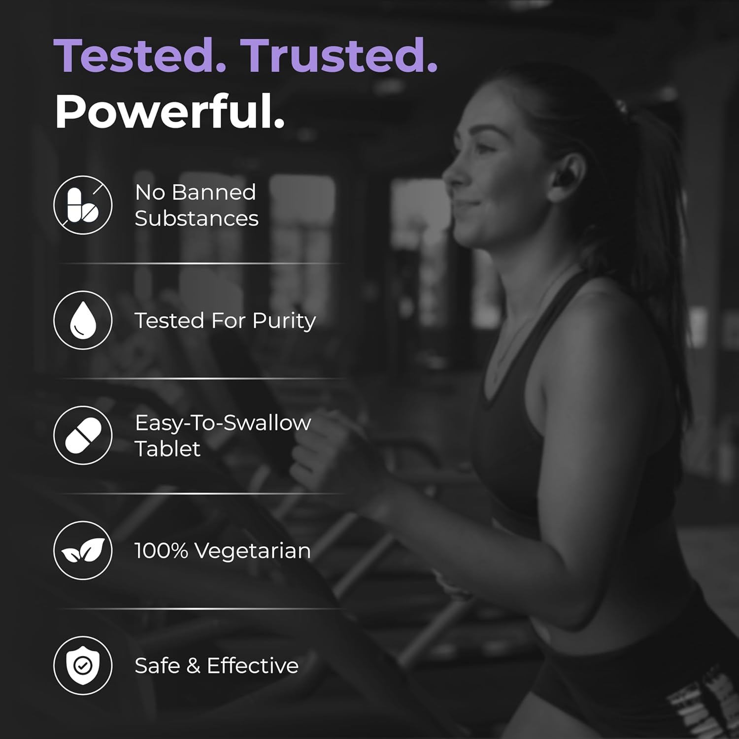 Woman exercising on a treadmill with product features overlayed on a dark background