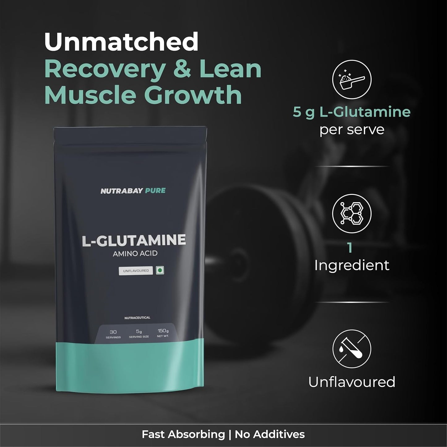 NUTRABAY PURE L-Glutamine supplement package with product details on a dark background