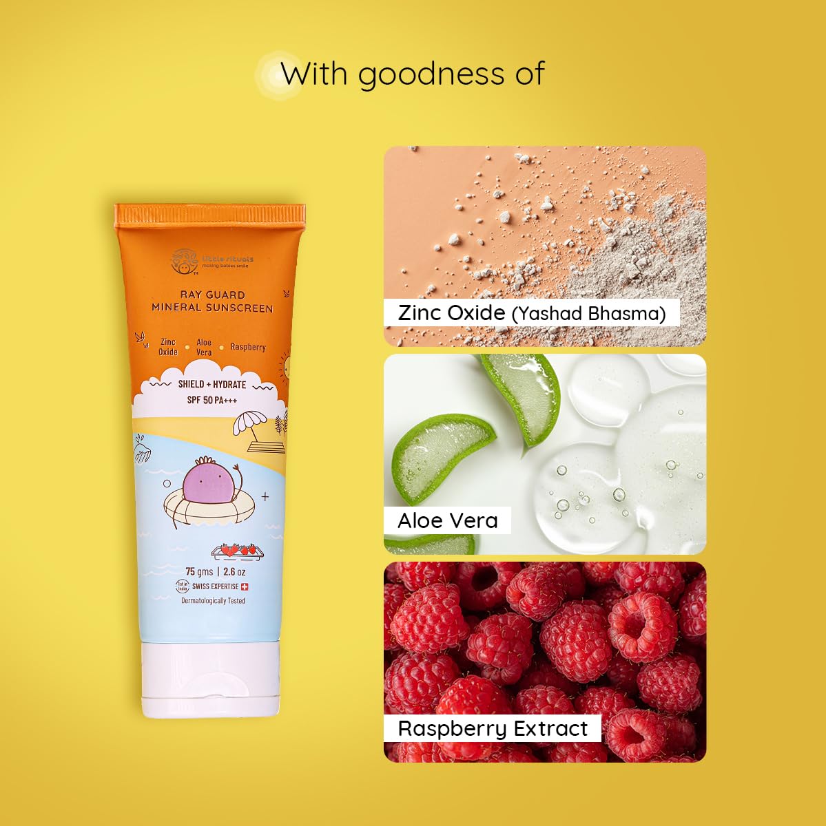 Sunscreen tube with ingredients like zinc oxide, aloe vera, and raspberry extract on a yellow background