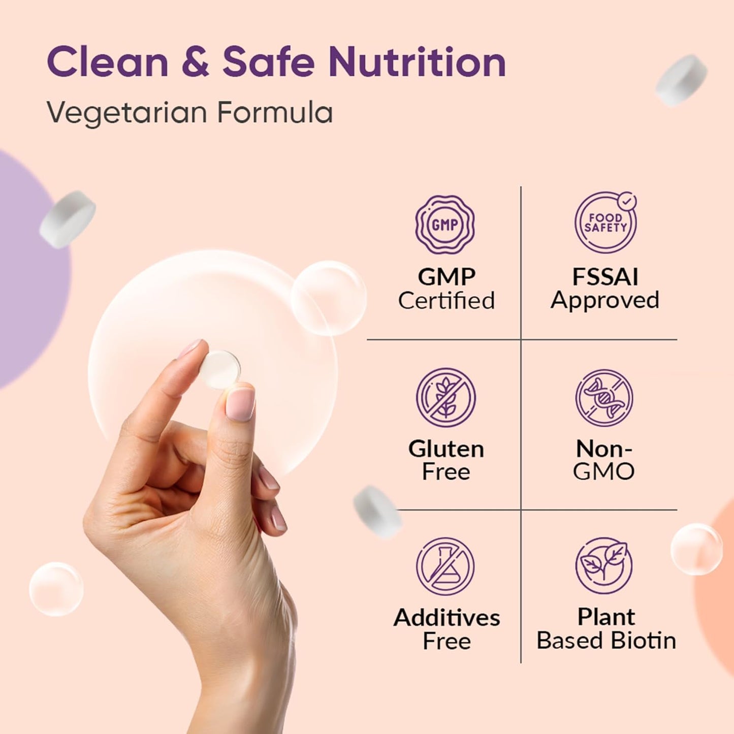 Product packaging with certification logos and a hand holding a supplement, on a light pink background.