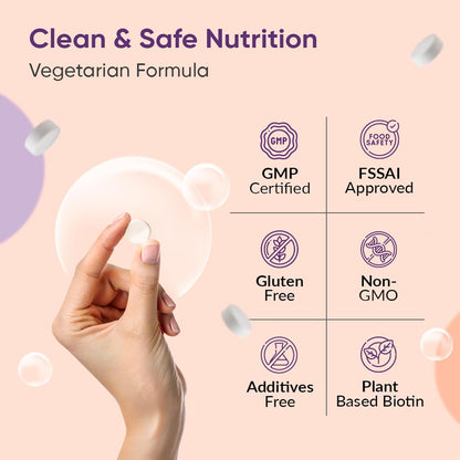 Product packaging with certification logos and a hand holding a supplement, on a light pink background.