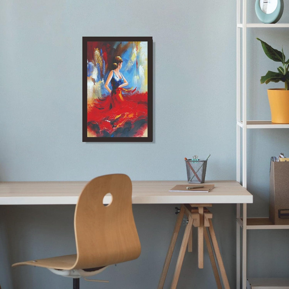Dancing Girl in Red Skirt Blue Top Woman Lady Painting Photo Frame for Living Room, Bedroom, Home Decor and Wall Decoration (MM 2894, 30.5L x 20.3W cm, Paper, Without Plexi Glass)