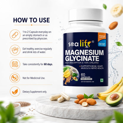 Sea Life Magnesium Glycinate 500 Mg Capsules |60 Veg Capsules | Magnesium Supplement | Improves Muscle & Nerve Function| Anti Stress Supplement | Better Sleep Quality | (Pack of-1)