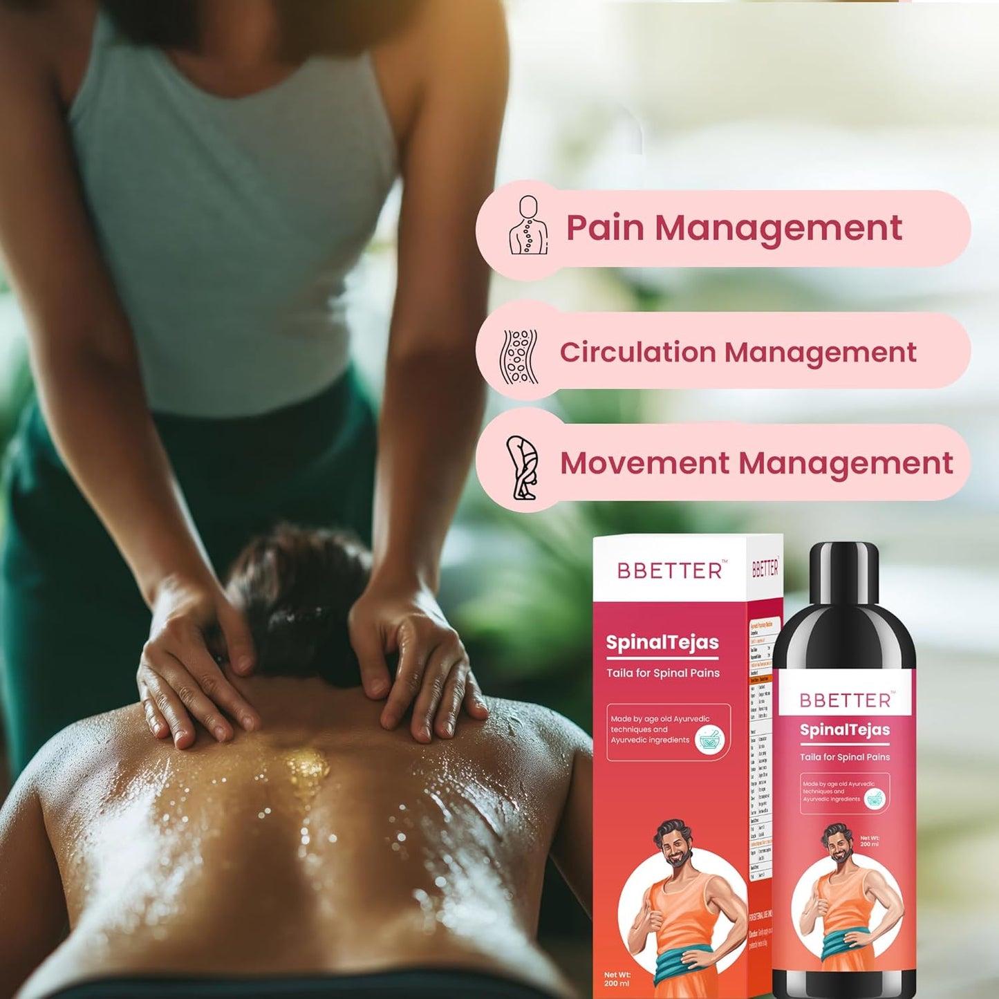 BBETTER Spinal Tejas Taila | Ayurvedic Oil for Cervical, Spinal & Back Pain Relief | Herbal Formula with Rasa Thailam & Karpooradi Thailam for Neck Stiffness, Muscle Relaxation & Mobility | 200ml