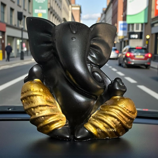 Lord Ganesha Idol for Car Dashboard | Composite Marble Ganesh | Available in White, Golden & Black | Small Sitting Ganpati Murti