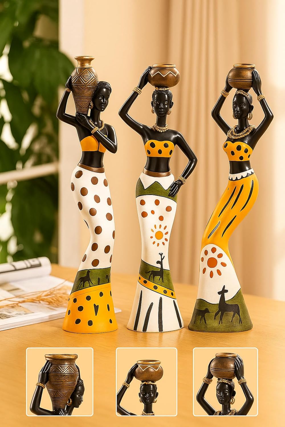 Xtore Beautiful Finish Uniquely Hand Crafted Home Dcor African Tribal Women Art Piece Handicraft Resin (Set of 3, Multicolour)