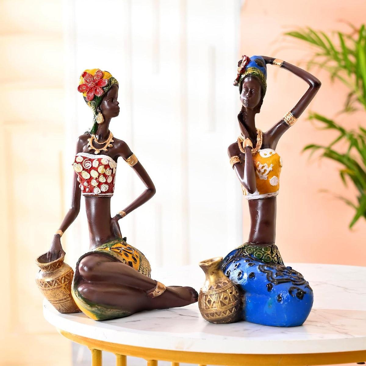 African Lady Statue with Pot| Graceful and Cultural Home Décor (Pack of 2, Yellow, Blue)
