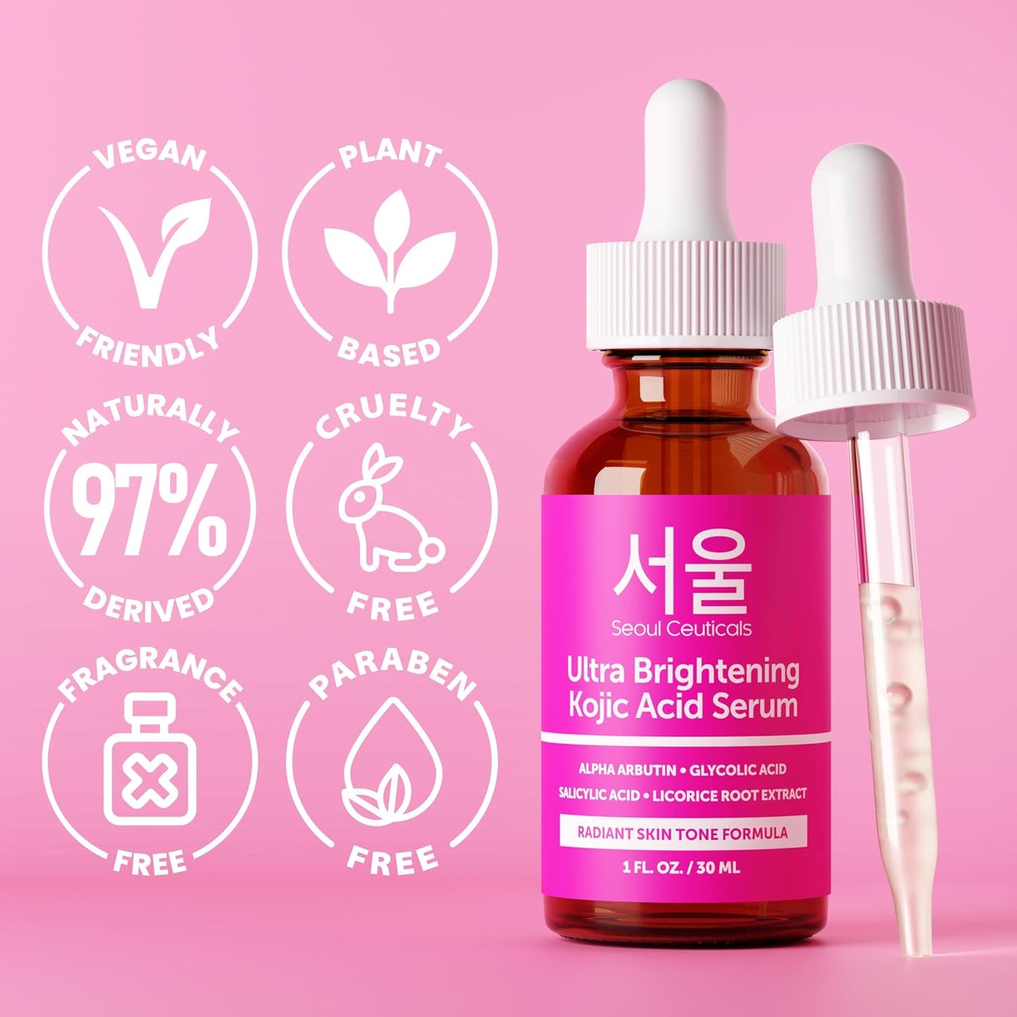 SeoulCeuticals Korean Skin Care Kojic Acid Serum Alpha Arbutin – Dark Spot Remover Corrector Glycolic Acid + K Beauty 1oz