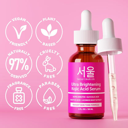 SeoulCeuticals Korean Skin Care Kojic Acid Serum Alpha Arbutin – Dark Spot Remover Corrector Glycolic Acid + K Beauty 1oz